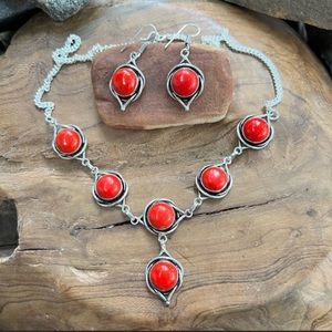 Italian red coral necklace with matching earrings